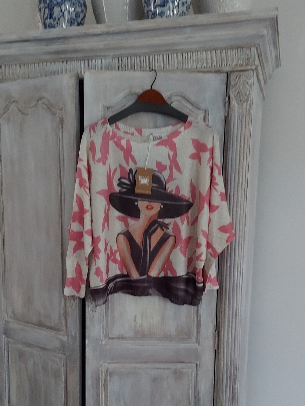 Cream & Pink Botanical Graphic Pullover Sweatshirt with Woman Motif - Picture 1 of 7
